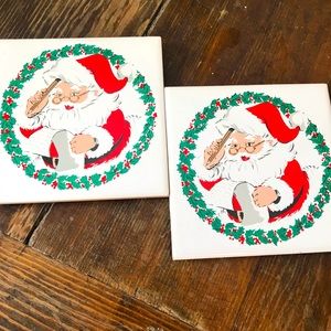 Vintage set of 2 Santa tile trivets Taiwan 1981 Santa kitschy